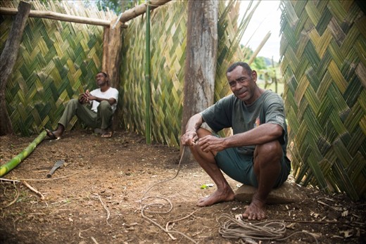Navala is the last place in Fiji where it is mandatory to build traditional bures, or Fijian houses. With the exception of the school buildings and the village's church, every house is built the same way. Houses are only renovated or built one month per year so requests must be made to the local chief to acquire a new bure if wishing to expand. The walls are typically woven or sometimes thatched with bark. Whilst mats are woven by women, the walls are woven by men. These two men watched as two others put together the A-frame of the roof overhead. 
