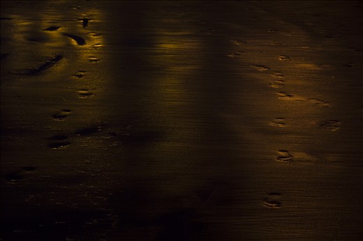 Street lights reveal footprints on the beach of Santa Cruz, the most populated i