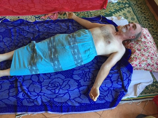 Aaron after the herbal steam, ready for his massage. 