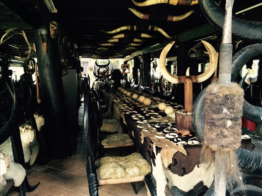 Detail of a table at the Black House, with design themes of bones, skins, and black. 