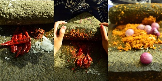 Grinding the ingredients together on a traditional grinding stone