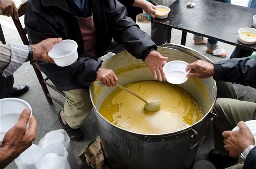 The traditional fava of Santorini is served by volunteers.