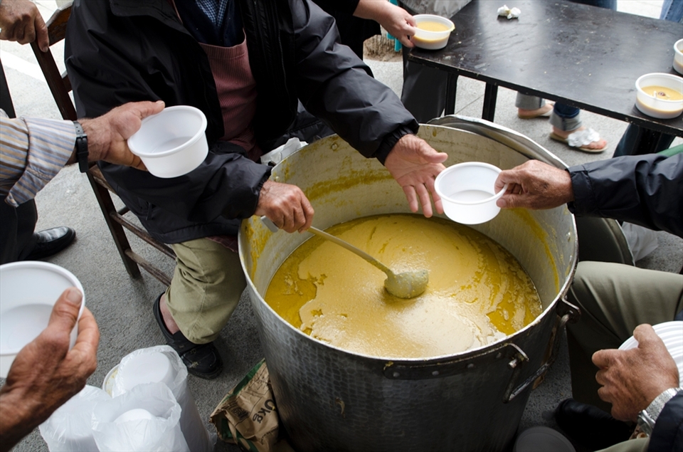 The traditional fava of Santorini is served by volunteers.