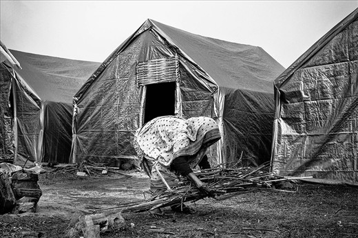 Saki Bema, over 80 years old, picks dry twigs to light a fire for cooking in the camp. Living all by herself, she is quite like her village Dotma, bent with burden and broken, but surviving with grit and melancholy determination.