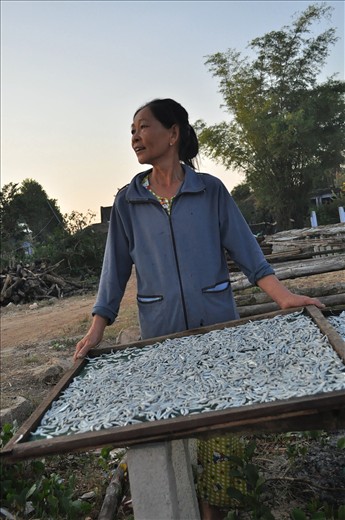A lady lays out some fish to dry while calling out to a mate on the beach.