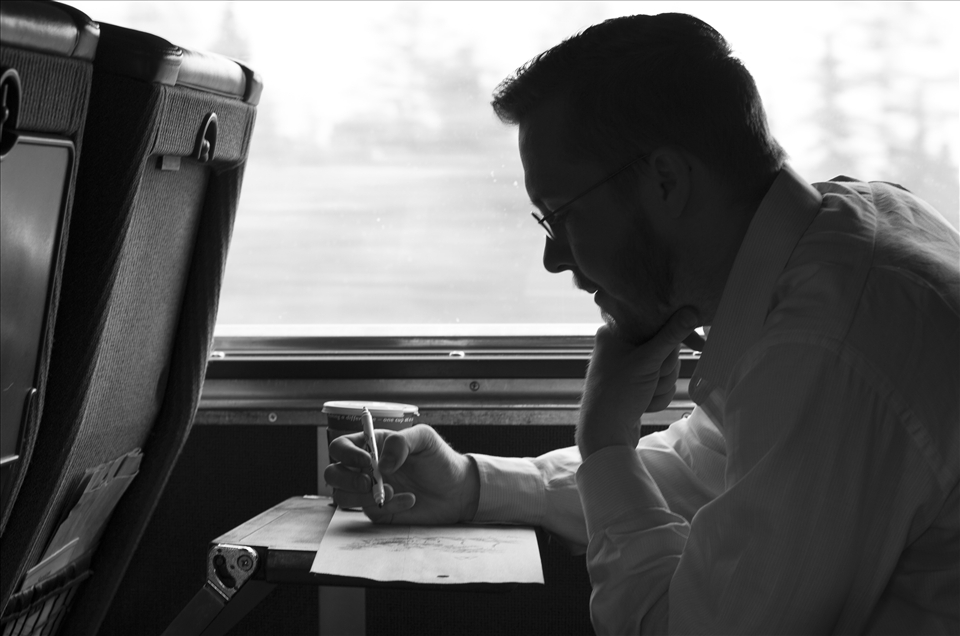 ‘Canadian’ is a unique experience: A train ride spanning 4,466 km between Toronto and Vancouver over the course of four days. Few countries can boast such a journey within its borders, and is a totally alien experience for those from smaller island nations. Here a man passes the long hours by drawing ‘Train 1’ on the back of a motion sickness bag.