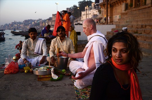 A DEVOTEE WORSHIPING ON THE BANKS OF THE RIVER GANGES.