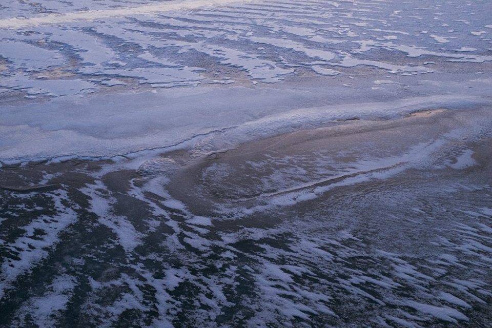 Layers of ice on a lake which we will cross with the dog team later this winter.