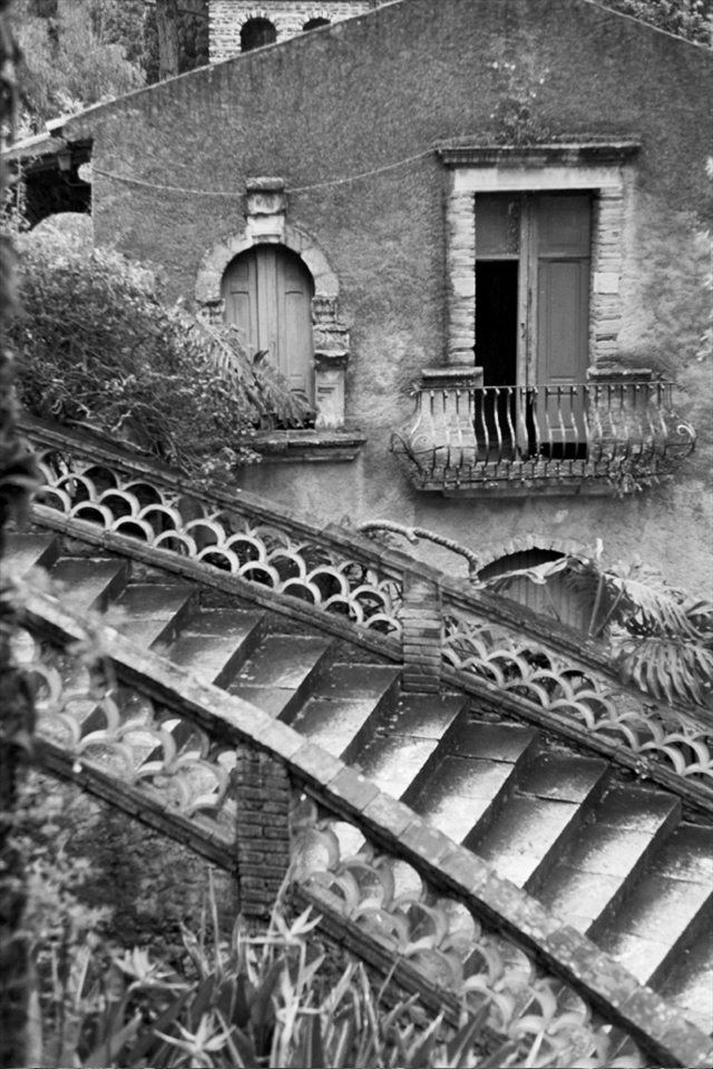 The gardens:  A quiet scene on a rainy day in the public gardens of Taormina, Sicily (April, 2011, taken with B&W film on my Pentax K1000).