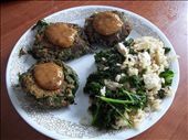 Patties topped with sauce with a side of brown rice with kale and tofu.: by earthmagic, Views[447]