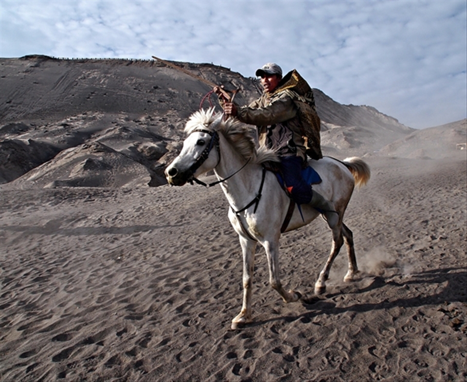 Man on horseback galloping down the steep crater of Mt Bromo, to meet potential customers at the base of the volcano and offer them a ride to the top.