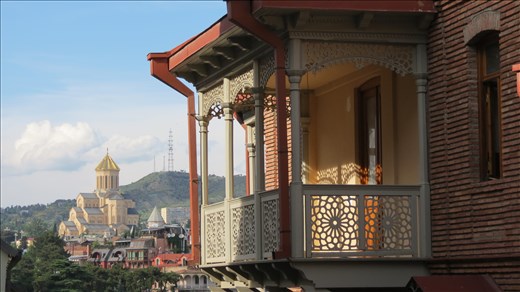 Natinal style balcony and Saint Trinity Church in the center of Tbilisi