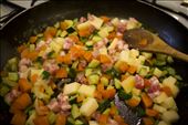 Cooking vegetables, cheese and bacon for the filling of the pie: by elenamantovan, Views[222]