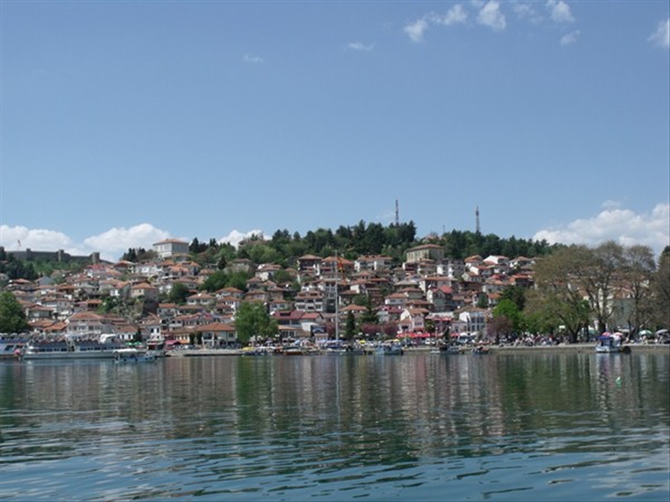 The old city of Ohrid stands on a hill overlooking the lake 