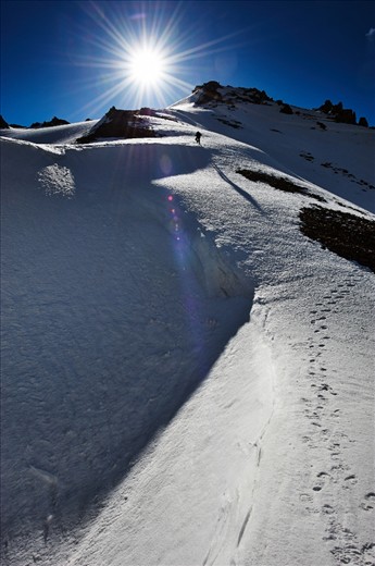 Maxim, a friend of mine, ascending the glacier of Peak Sovetov. Peak Sovetov is a peak of Tyan Shan mountain range, approx. altitude of 4378 metres.