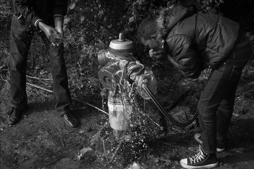 The only drinking water in the Jungle is tapped from this fire hose.