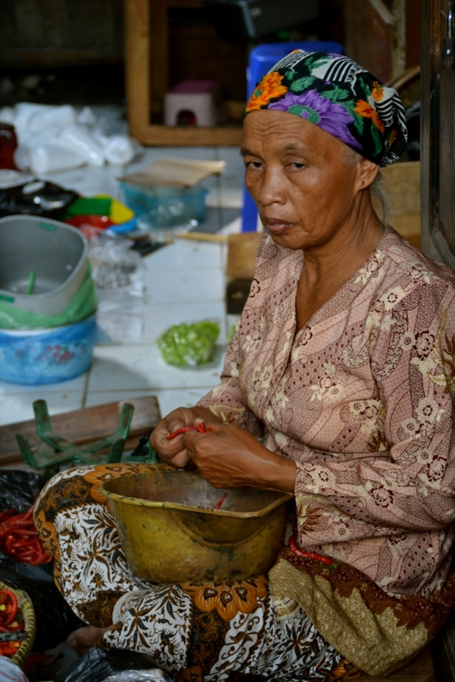 Title: Indonesian Woman
Caption: A local Indonesian woman separating and preparing red chili peppers to be sold in the daily market. Chili peppers are a key ingredient in most traditional Indonesian dishes. 