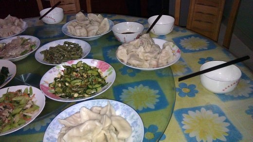 Dinner 30 Sept. 2012 - Note the jaozi; I helped a little to wrap!
