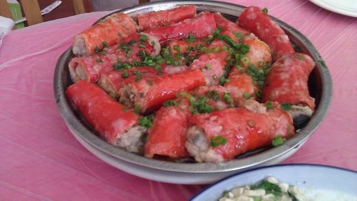 12 October, Wuyuan, Lunch - Local specialty:  Stuffed mild red peppers (My guide and the driver wouldn't eat the skins, but they tasted like stuffed peppers, so I did.)  Delicious