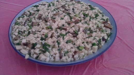 12 October, Wuyuan, Lunch - soft tofu with mushrooms, greens and spices (very tasty)