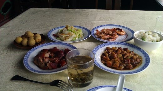 05 October, Tongli, Lunch - BBQ Pork, Cabbage, Chicken and Peanuts, Tea, Shrimp, Longan (Dragon Eye - sweet, translucent flesh around a black pit)