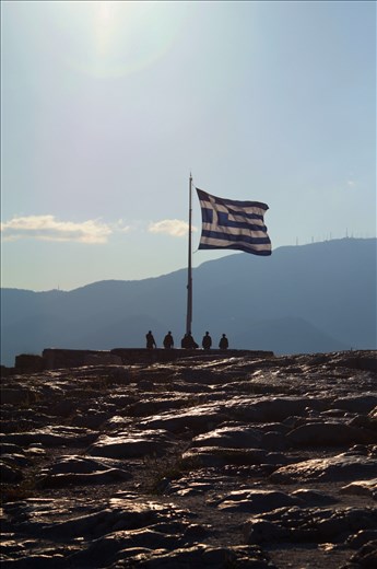 The Greek flag at the Acropolis, Athens.