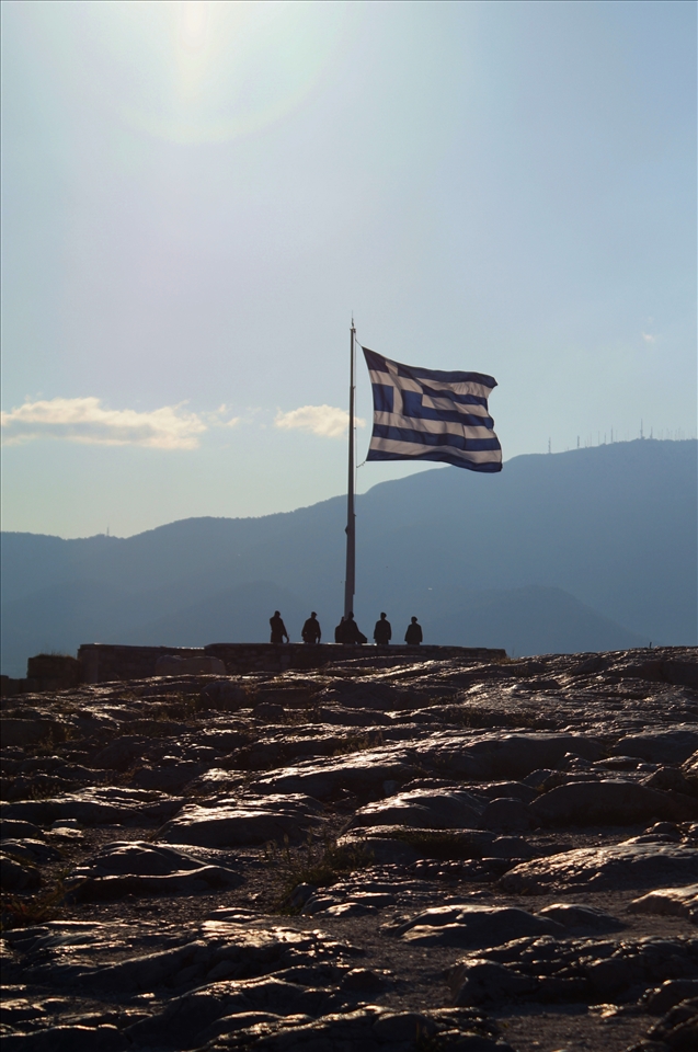 The Greek flag at the Acropolis, Athens.
