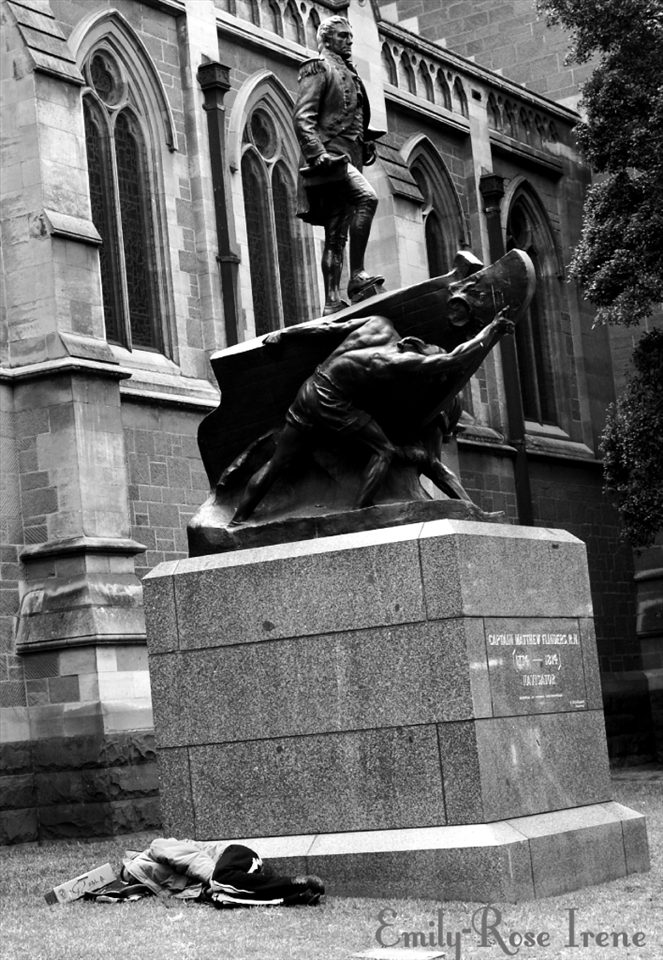 Captain Matthew Flinders vs. homeless person outside Saint Paul's Cathedral.