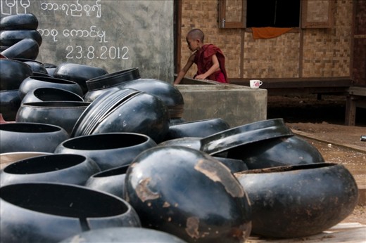 Orphans like here in Bagan are welcomed in monasteries were they will receive an education. And poor families will send there one of their sons to study. Every begging bowl belongs to a monk. In Buddhist families, every boy will spend 3 months in a monastery between the age of 5 and 15.
In Burma, around 2% of men are monks. In 2006, some of them confided in me it was a way to have a decent life without the risk to be requisitioned by force by the military junta for building roads, pipelines...