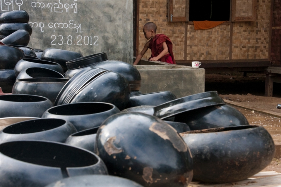 Orphans like here in Bagan are welcomed in monasteries were they will receive an education. And poor families will send there one of their sons to study. Every begging bowl belongs to a monk. In Buddhist families, every boy will spend 3 months in a monastery between the age of 5 and 15.
In Burma, around 2% of men are monks. In 2006, some of them confided in me it was a way to have a decent life without the risk to be requisitioned by force by the military junta for building roads, pipelines...