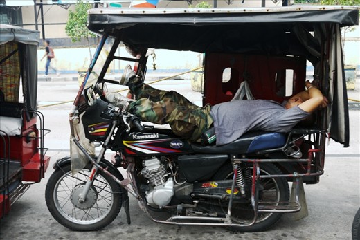 Heir to the jeepney as ¨king of the Philippine road¨ are tricycles, which are quite similar to the tuktuks of Thailand.  Some tricycles, like the one in the picture, could accommodate --- sardine-in-a-can-like --- eight passengers. Here, the driver takes a power nap in his cab, under the blistering heat of the sun --- this is truly a life on the road.