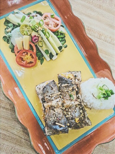 Bangus roulade with corn grits and summer salad