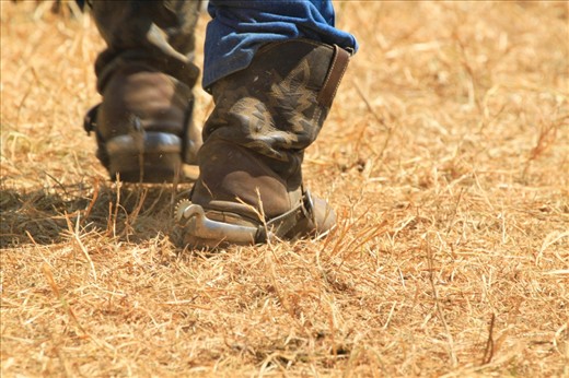 A cowboy treads across the grass in his old worn boots, spurs and all. He is an old hat and has seen many rodeos in his time.