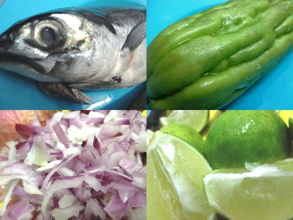 From top-left clockwise: Torpedo Scad, Bitter gourd, Lime, Red Onion