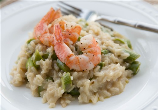 Closeup of Asparagus Risotto with Pan-Seared Shrimp