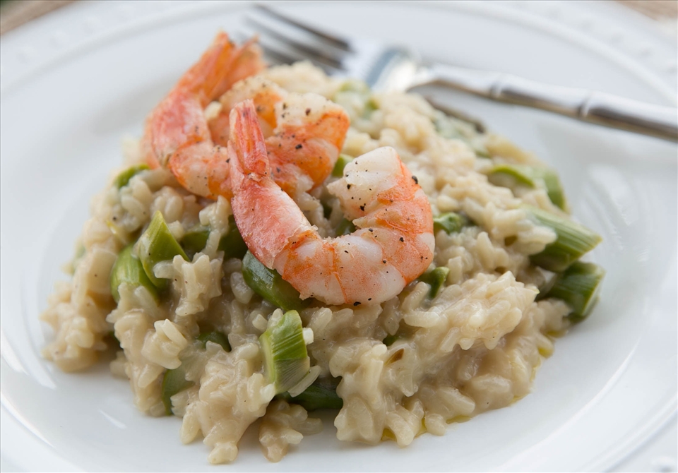 Closeup of Asparagus Risotto with Pan-Seared Shrimp