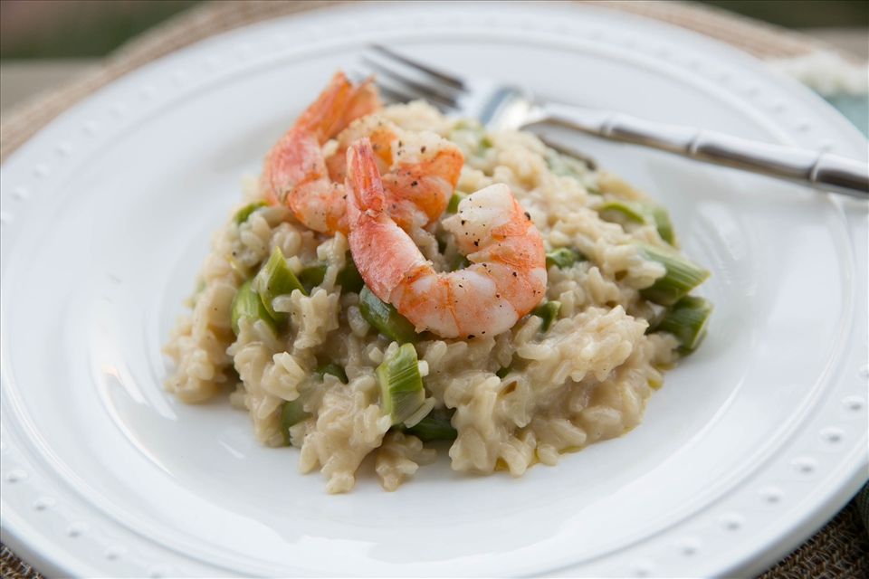 Asparagus Risotto with Pan-Seared Shrimp 