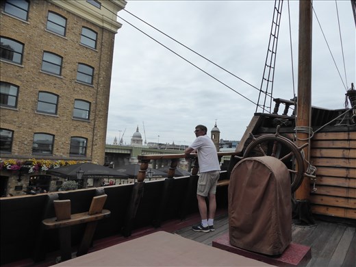 Ian ready to sail away on the Golden Hind, with St Paul's in the background