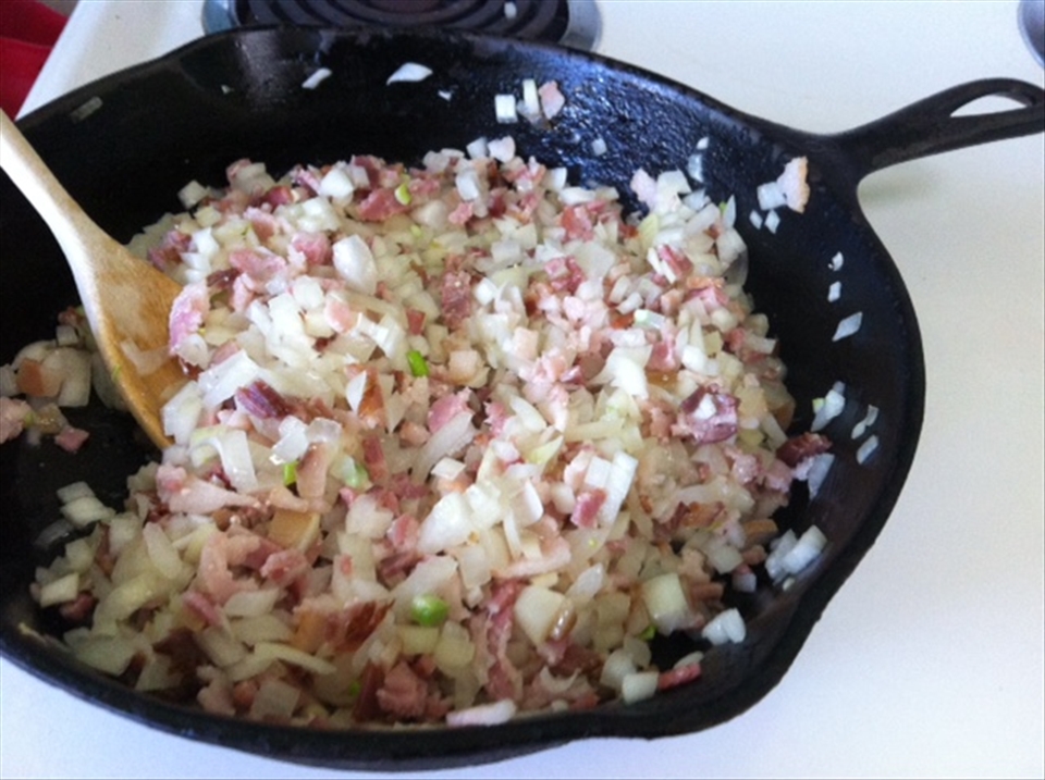 Cooking the bacon and onion!