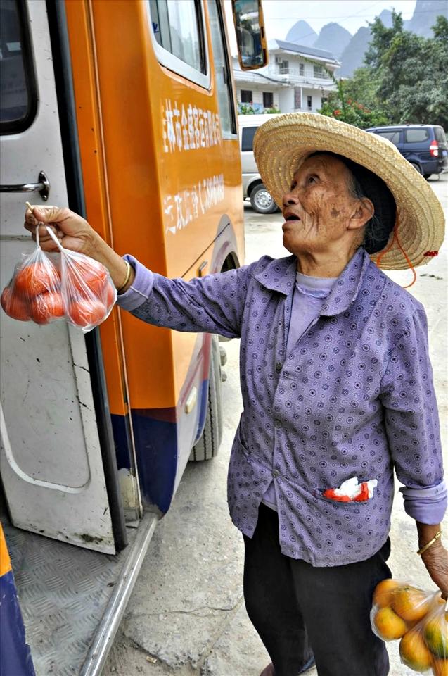 A woman making her living out of selling clementines to tourists.