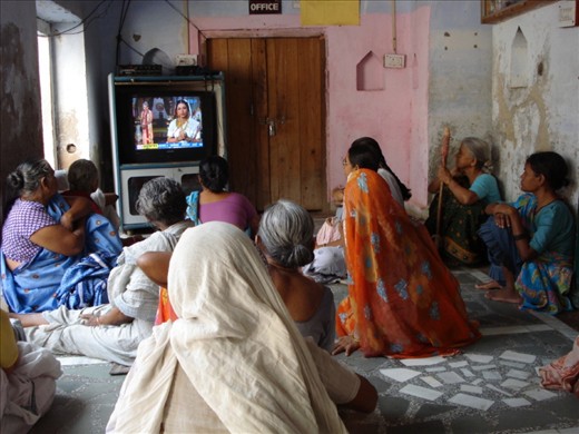 The ladies watching their favourite television soap, a series on Indian Gods and Godesses. This is the only break the widows living in ‘Amar Badi’ allow themselves from hours of singing hymns or making insence sticks. The widows are not bitter. They truly believe that they deserve the life they are leading and have to patiently await death to attain 'moksha'.