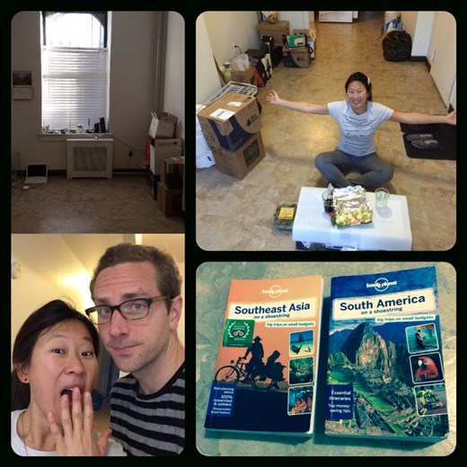 5 jours à camper dans l'appartement. Il nous reste plus qu'un matelas gonflable sinon juste des boîtes de déménagement et les sacs à dos. 