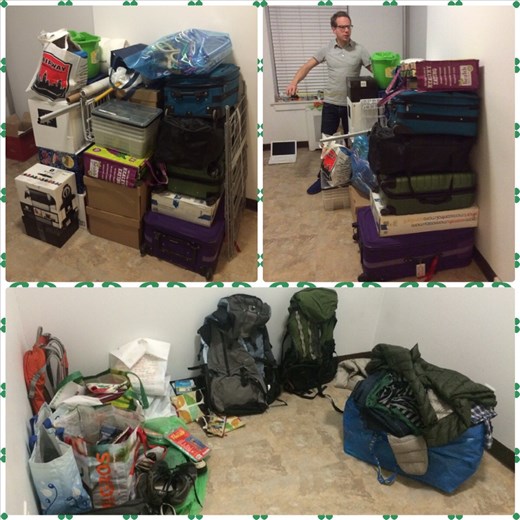 Voilà!!! Quelle semaine de folie!!! Dimanche soir genre à minuit enfin fini. Boîtes prêtes et Kurt qui essaie de visualiser si tout va rentrer dans le garde-meuble. Je ne sais pas comment on va faire pour faire tout rentrer dans les sacs à dos comme vous pouvez sur la photo du bas. ;-( 