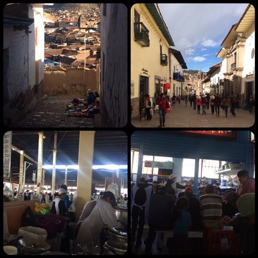 Streets of Cuzco. Plus the market. We had lunch for ... 1.67$.  Yes!! Cheapest yet. Starter, main and drink. And it was goood. :-) Very nice market. We bought the avocados here - you'll see later. 