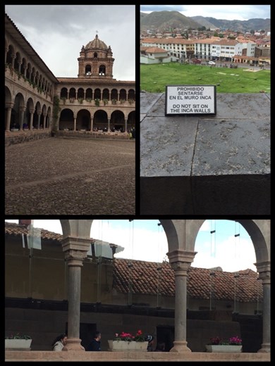 Love the sign! So true, Inca walls are everywhere in Cusco. In Cusco here, first excursion to tour Inca ruins. This is the temple of gold. But guess what, no more gold. Plus it's a church now. Hmm. Those Spanish! They tore down most of the Inca buildings. But left Inca walls as the base of many buildings, as here. Plus those Inca stones were so damn good they reused them to build the churches. Basically every time you see a church in Cusco, you know it replaces a very important Inca religious/government building.