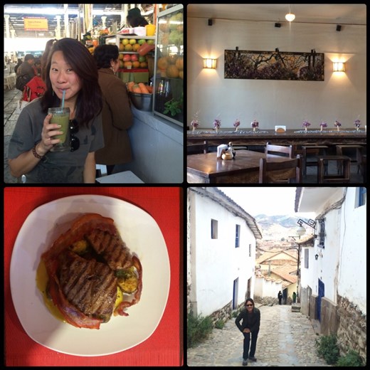 Kurt tried the alpaca steak; alpaca is a kind of lama. I love the fresh exotic fruit juice, almost everyday! Every time to walk back to our hospedaje, we had to go up the steep streets and we were always out of breath; very hard! Ow we went to nice restaurants. 
