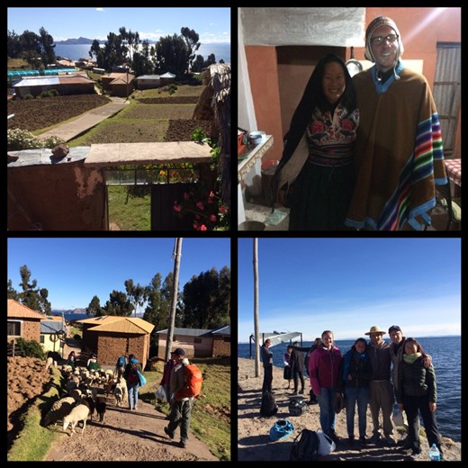 Vue depuis la maison où nous avons passés la nuit chez l'habitant. Habits typiques des gens de l'île d'Amantani. Notre guide et les deux allemandes sur le quai. 