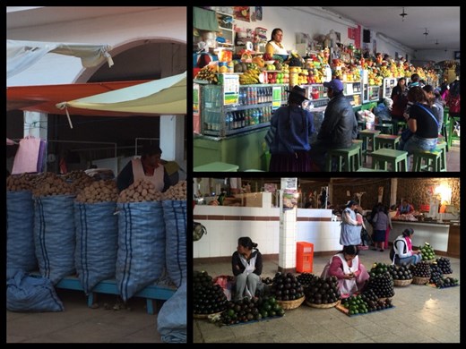 Chaque ville à son mercado central, marché de fruits et de légumes et de viande et de pain et de tout en fait. Tout est bien organisé par spécialité, jus de fruits frais, pommes de terre, avocats, etc. 