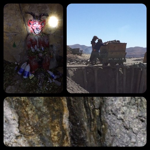 Yes, still a mine in action. Bottom shot is a vein of something. Would have to ask the geology trained Anne-Flore for that. Zinc? Top left is the Tio Diablo. They offer him cigarettes and hard liquor, to ward off toxic gas leaks and mine collapses. 
