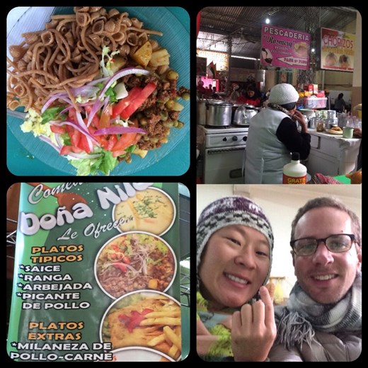 Hanging out in the Mercado Central (central market). We had breakfast and lunch here almost everyday in Tarija. Since Kurt got sick so many times in Peru it's the first time we do so much 'street food'.  We opted out of the tripe and kidneys and cow hearts and chinchulines (small intestine) though. Mornings here are cold as you can see. 